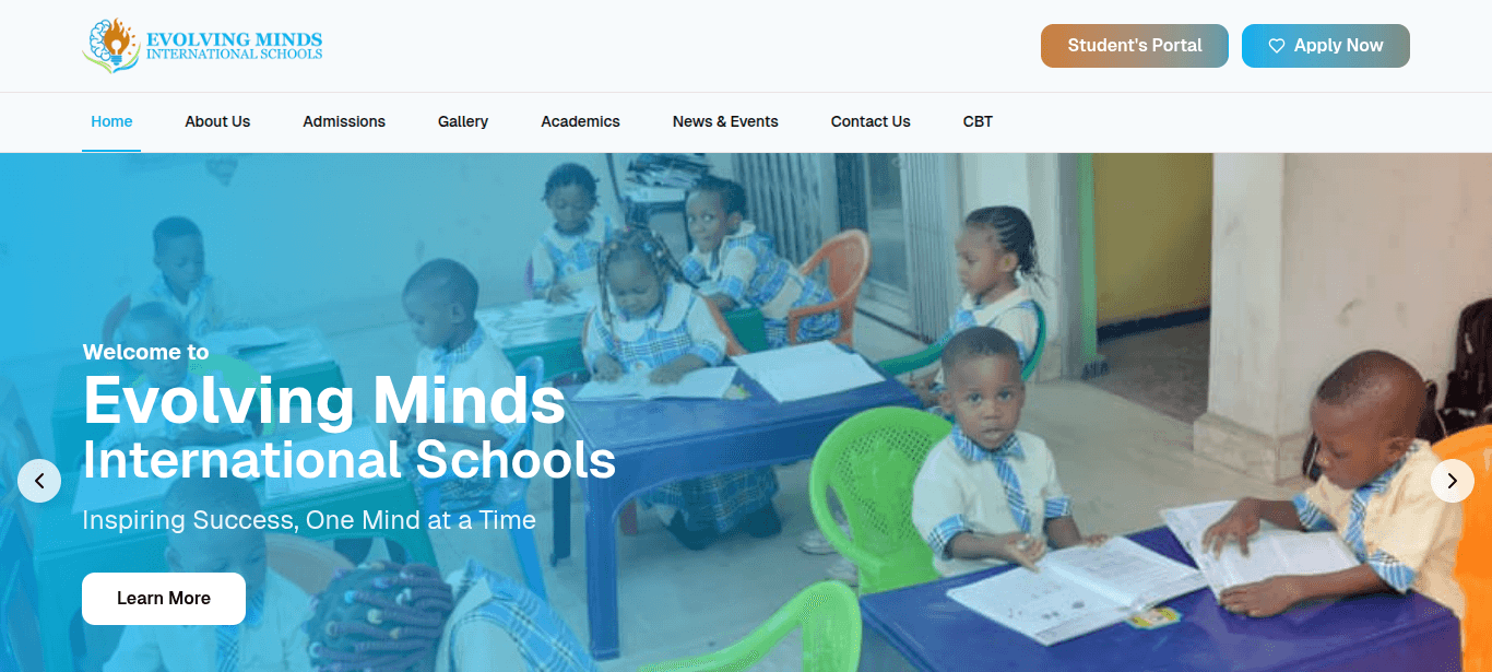Evolving Minds International Schools website screenshot